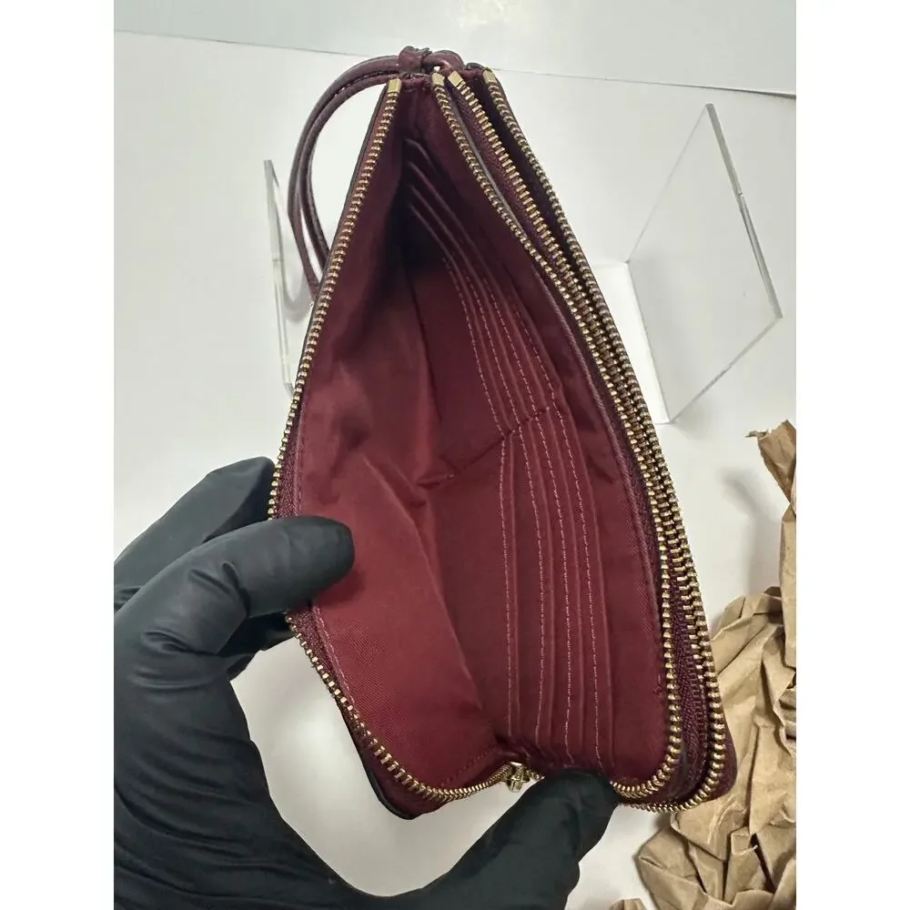 Coach F87587 Double Zip Wristlet Metallic Wine Burgundy Pebbled Leather Gold